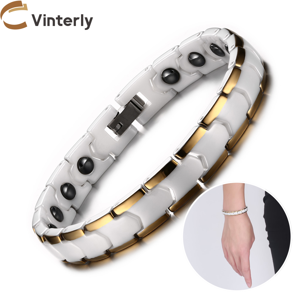 Ceramic Link Bracelet - Vinterly-女性用磁気ブレスレット,ゴールドカラーチェーンリンク,ホワイトセラミック,健康,ヘマタイト,女性用ジュエリー,9mm