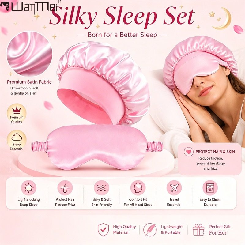 Milanaise Mesh Band - ﻿ サテンボンネット睡眠アイマスクセット、幅広ゴムバンドシルクヘアボンネット、女性用ヘアケアナイトスリーピング用ソフト遮光アイマスク