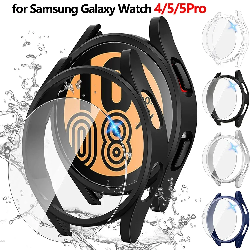 Accessories For Galaxy Watch 5 - サムスンギャラクシーウォッチ用防水ガラスケース,ハード保護カバー,スクリーンプロテクター,5プロ,44mm, 40mm, 45mm