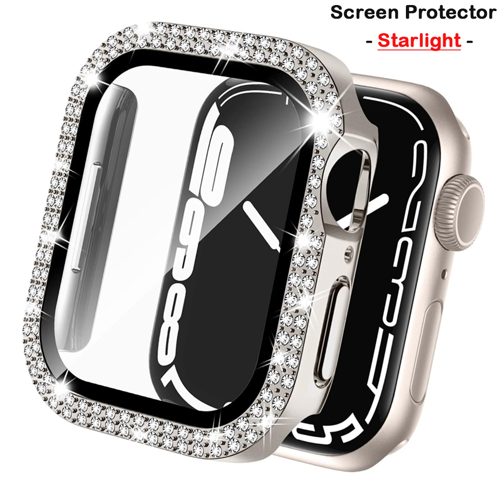 Smartwatch Band Accessories - アップルウォッチ用ダイヤモンドカバー,強化ガラスおよびバンパー,スクリーンプロテクター,45mm, 41mm, 38mm, 42mm, 44mm, 40mm,シリーズ9,