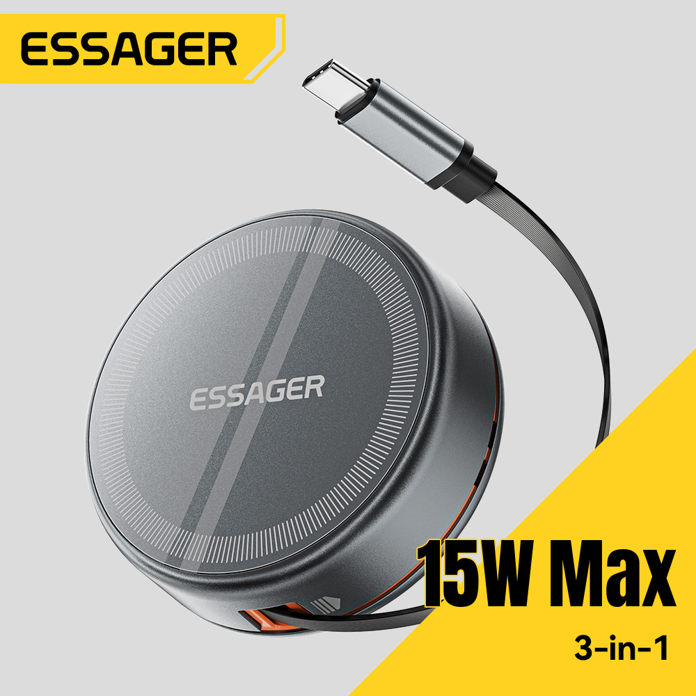 Smartwatch Ac - Essager 15W 3in1 マグネット式ワイヤレス充電器、96cm格納式Type-Cケーブル付き、iPhone 16/15/14/13 Pro