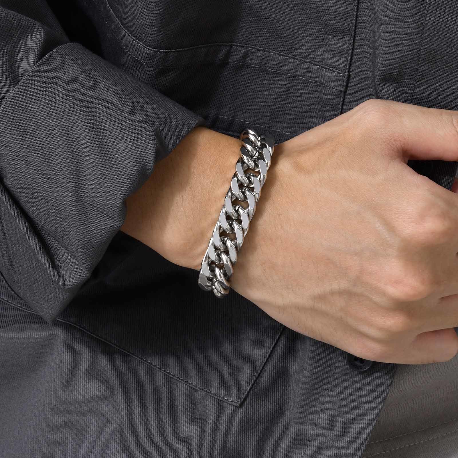Ceramic Link Bracelet - メンズチャンキー8/10/12/15MMステンレススチールキューバンチェーンブレスレット、色褪せないシルバーカラーメタルヒップホップ男性用リストバンド パルセイラ