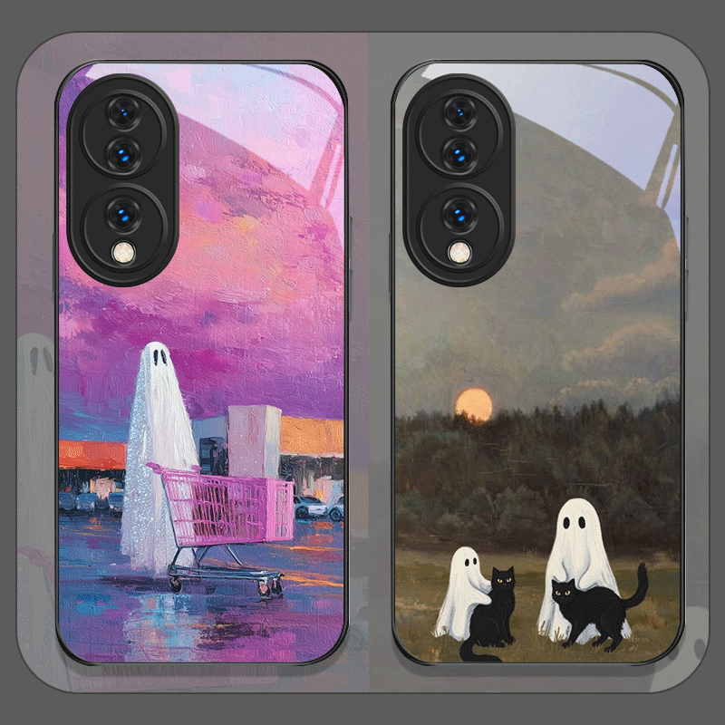 かわいい漫画の黒猫ゴースト柄強化ガラス製スマホケース Hua - Huawei Nova 12 のレビューと価格
