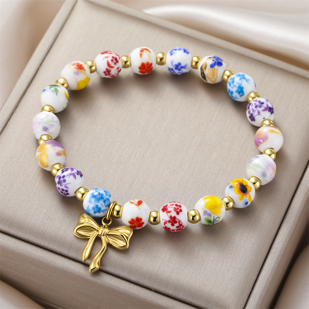 カラフルなセラミックビーズブレスレット女性用ボウチャームボヘ - Ceramic Link Bracelet のレビューと価格